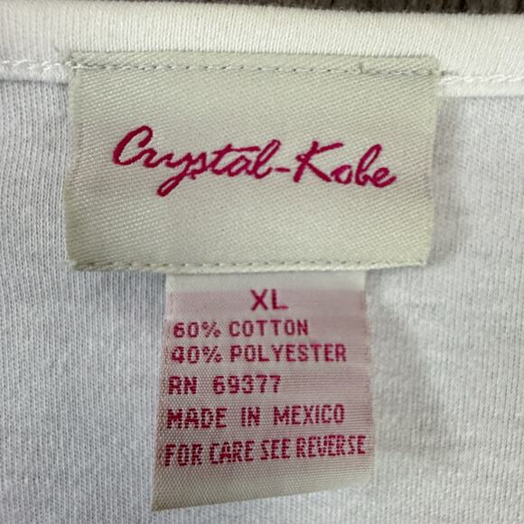 Crystal-Kobe XL White Beaded Sequin Floral Tee Shirt Made in Mexico V Neck - Picture 2 of 6